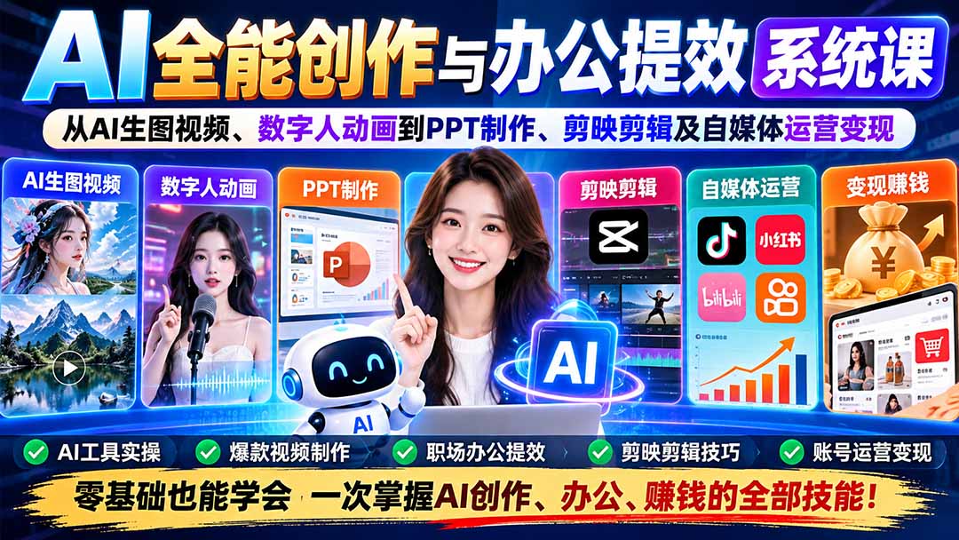 AI全能创作与办公提效系统课:从AI生图视频、数字人动画到PPT制作、剪映剪辑及自媒体运营变现-91副业网