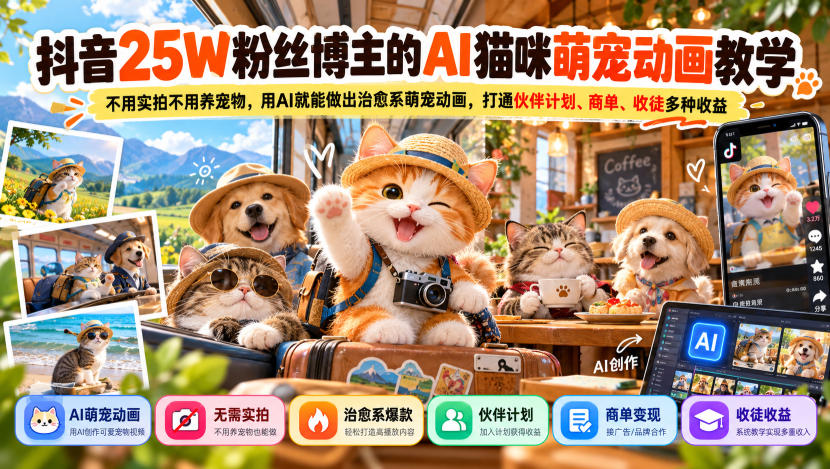 抖音25W粉丝博主的AI猫咪萌宠动画教学，不用实拍不用养宠物，用AI就能做出治愈系萌宠动画，打通伙伴计划、商单、收徒多种收益-91副业网