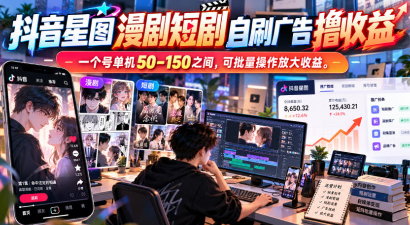 抖音星图漫剧短剧自刷广告撸收益,一个号单机50-150之间,可批量操作放大收益-91副业网