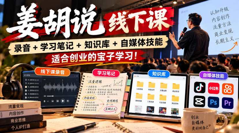 姜胡说线下课录音＋学习笔记＋知识库＋自媒体技能，​适合创业的宝子学习！-91副业网