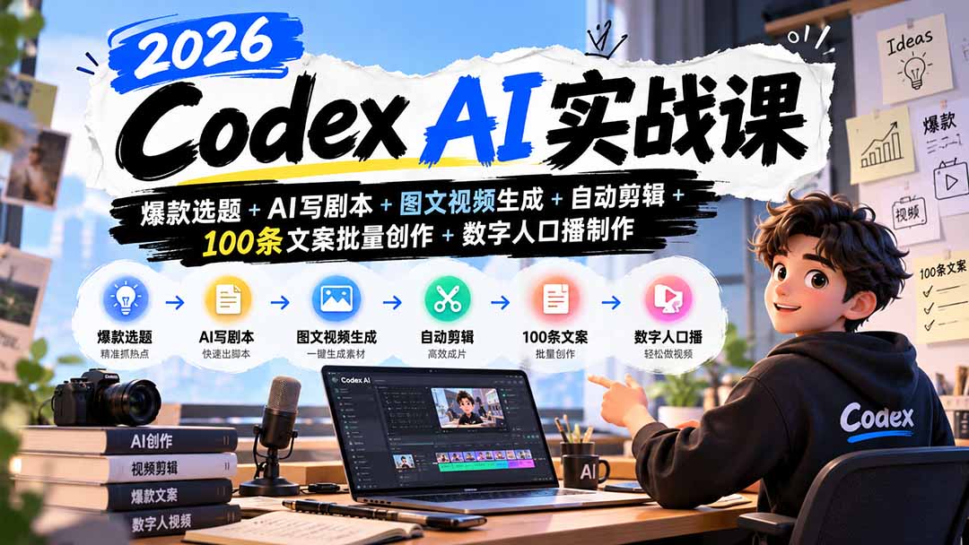 2026Codex AI实战课:爆款选题+AI写剧本+图文视频生成+自动剪辑+100条文案批量创作+数字人口播制作-91副业网