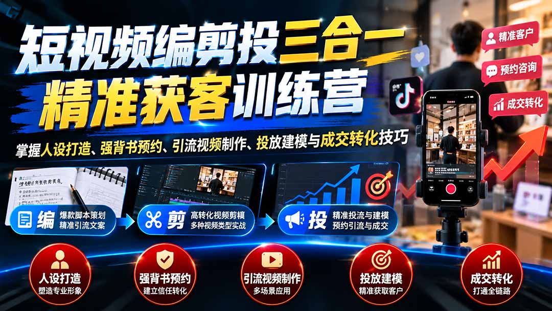 短视频编剪投三合一精准获客训练营：掌握人设打造、强背书预约、引流视频制作、投放建模与成交转化技巧-91副业网