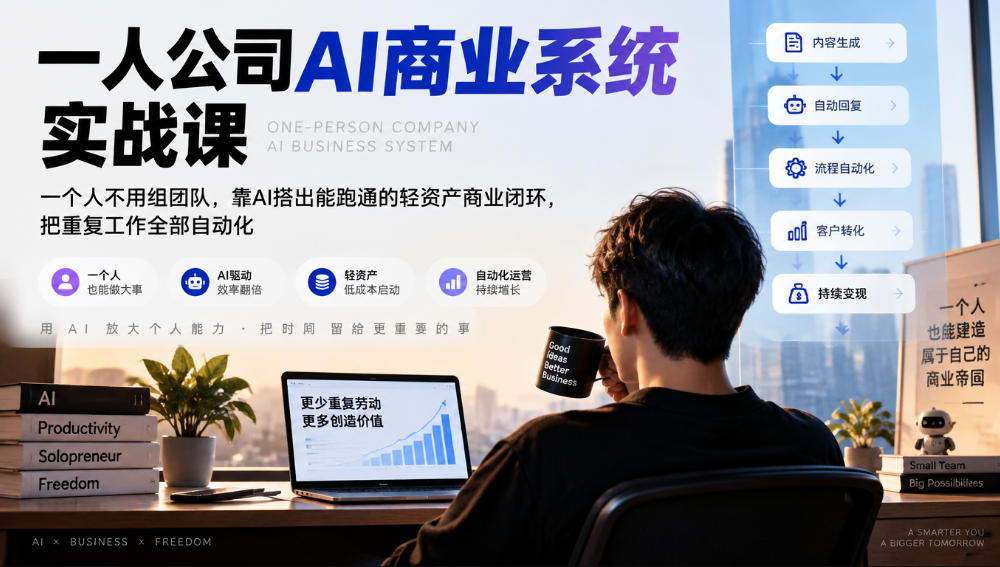 一人公司AI商业系统实战课,一个人不用组团队,靠AI搭出能跑通的轻资产商业闭环,把重复工作全部自动化-91副业网