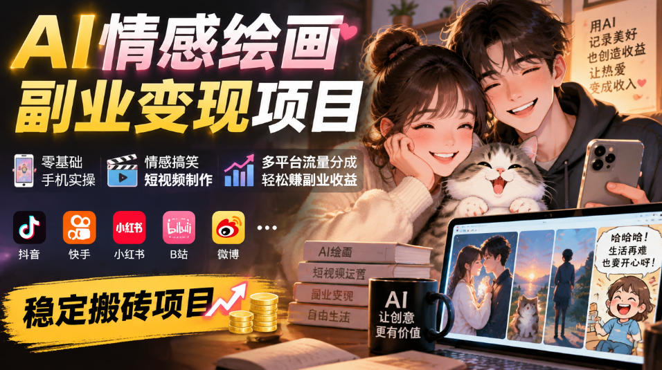 AI情感绘画副业变现项目|零基础手机实操,情感搞笑短视频制作,多平台流量分成轻松賺副业收益-91副业网