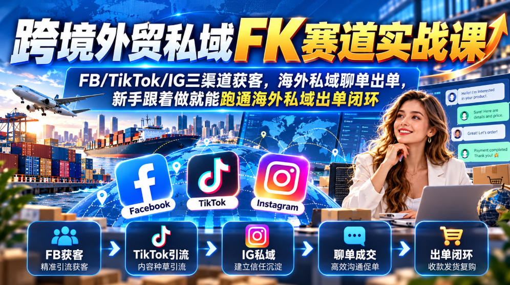 跨境外贸私域FK赛道实战课｜FB/TikTok/IG三渠道获客，海外私域聊单出单，新手跟着做就能跑通海外私域出单闭环-91副业网
