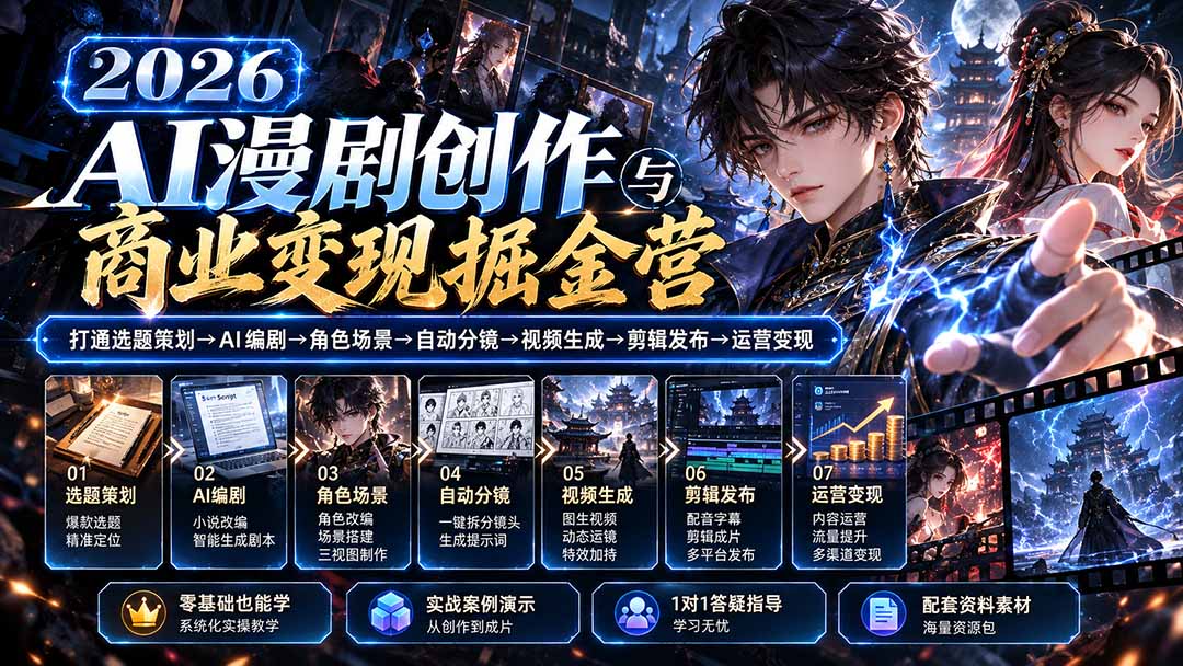 【无水印】2026AI漫剧创作与商业变现掘金营：打通选题→AI编剧→角色场景→自动分镜→视频生成→剪辑发布→运营变现-91副业网