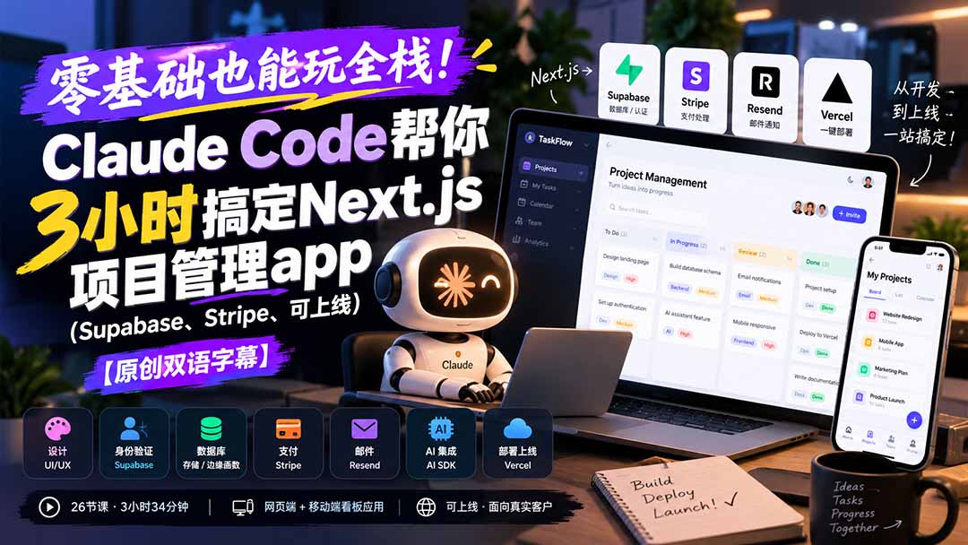 零基础也能玩全栈！Claude Code帮你3小时搞定Next.js项目管理app(Supabase、Stripe、可上线-91副业网