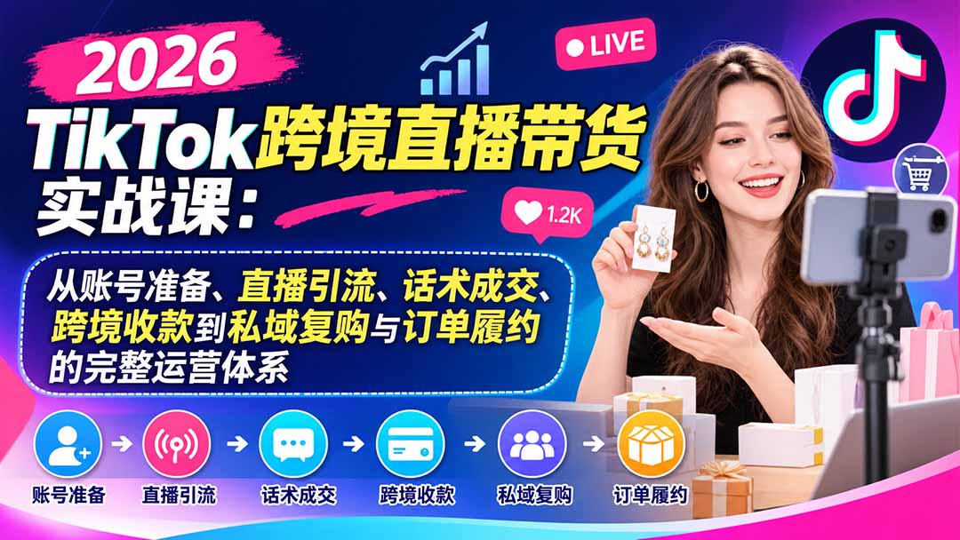 2026TikTok跨境直播带货实战课:从账号准备、直播引流、话术成交、跨境收款到私域复购与订单履约的完整运营体系-91副业网