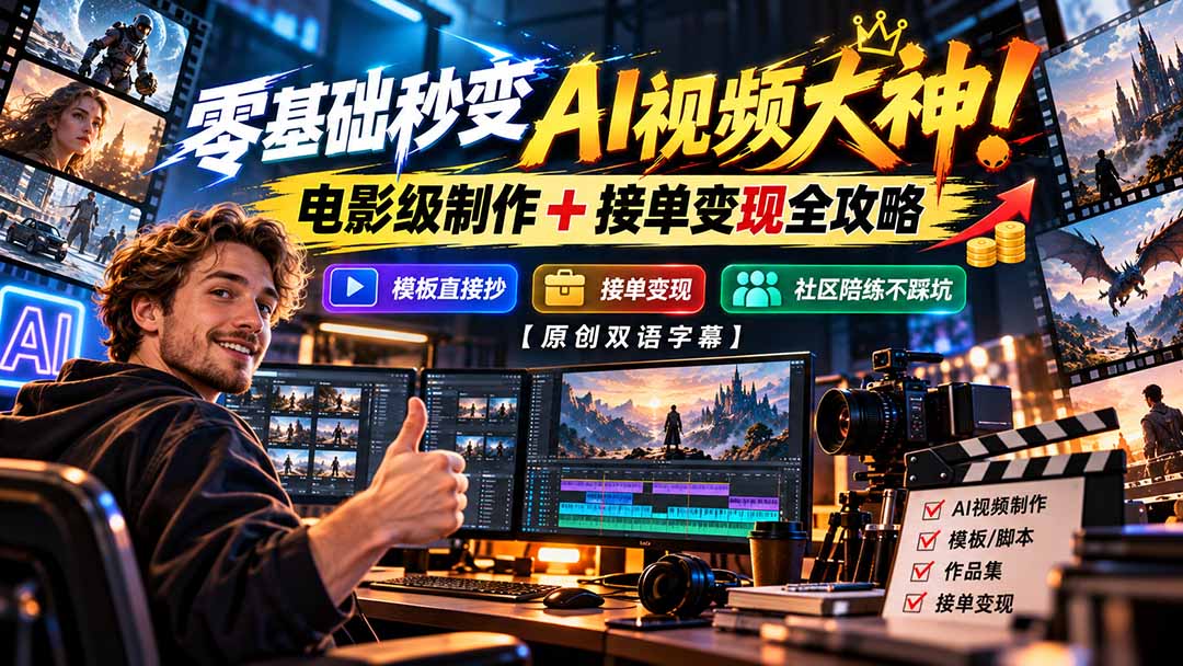 零基础秒变AI视频大神!电影级制作 + 接单变现全攻略,模板直接抄,社区陪练不踩坑【原创双语字幕】-91副业网