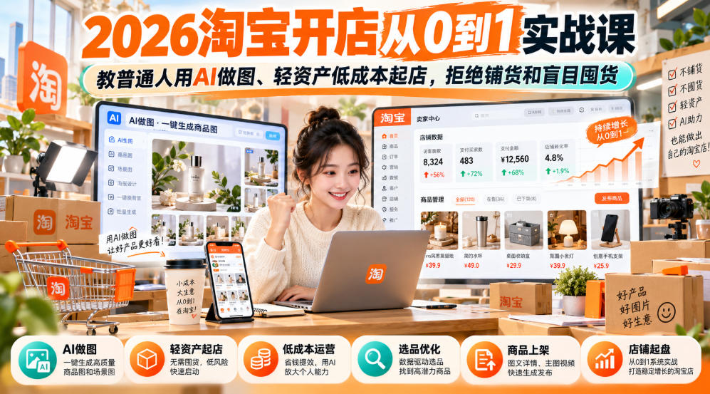 2026淘宝开店从0到1实战课，教普通人用AI做图、轻资产低成本起店，拒绝铺货和盲目囤货-91副业网
