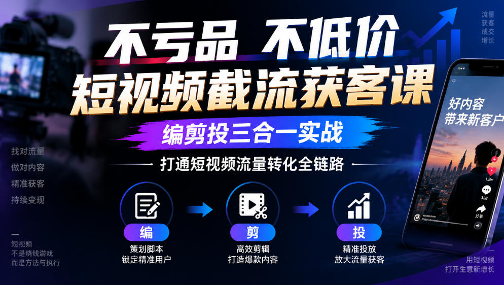 不亏品不低价短视频截流获客课,编剪投三合一实战,打通短视频流量转化全链路-91副业网