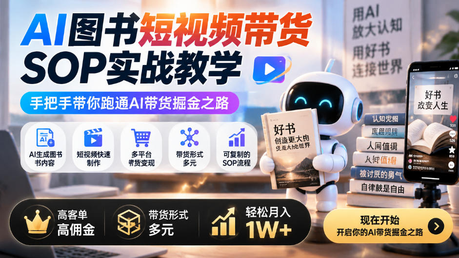 AI图书短视频带货SOP实战教学，手把手带你跑通AI带货掘金之路，高客单高佣金，带货形式多元，轻松月入1W+-91副业网