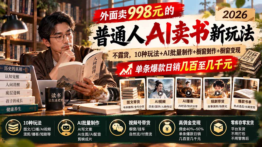 外面卖998元的2026普通人AI卖书新玩法：不露脸、不囤货，10种玩法+AI批量制作+橱窗变现，单条爆款日销几百至几千元-91副业网