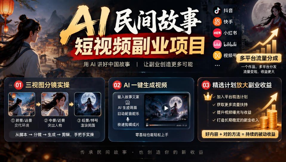 AI民间故事短视频副业项目,多平台流量分成,三视图分镜实操,精选计划放大副业收益-91副业网