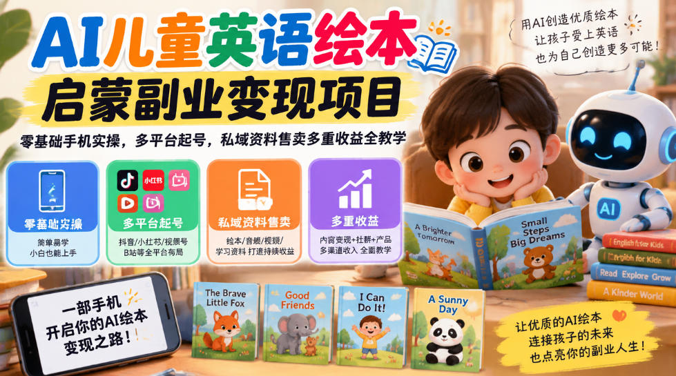 AI儿童英语绘本启蒙副业变现项目,零基础手机实操,多平台起号,私域资料售卖多重收益全教学-91副业网