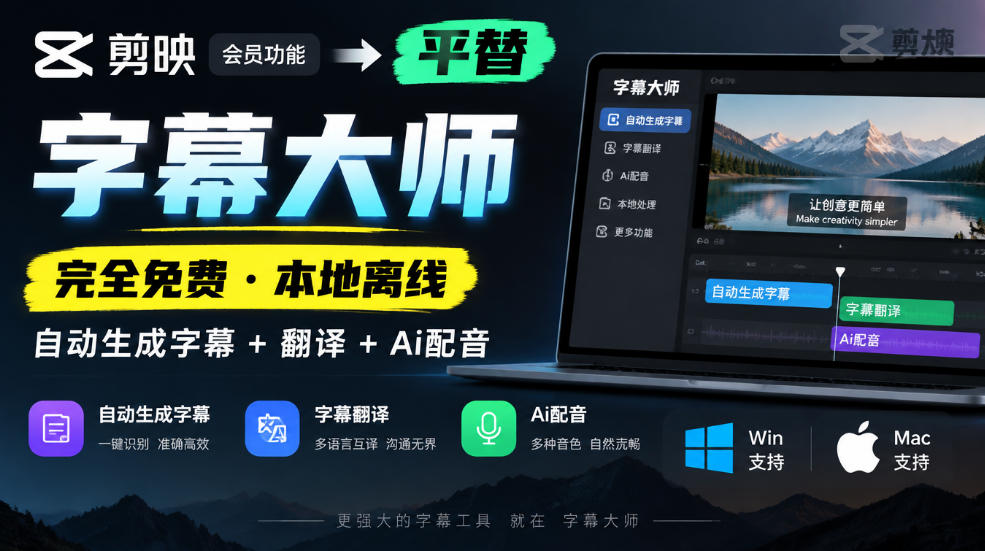 剪映会员功能平替,字幕大师完全免费本地离线,支持自动生成字幕+翻译+Ai配音,Win和Mac都支持!-91副业网