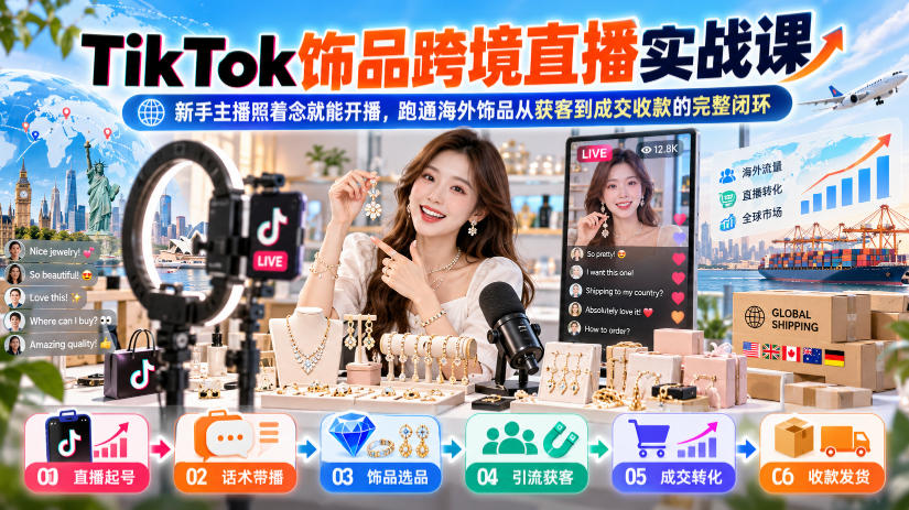 TikTok饰品跨境直播实战课，新手主播照着念就能开播，跑通海外饰品从获客到成交收款的完整闭环-91副业网
