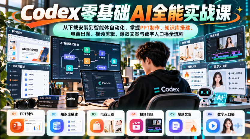 Codex零基础AI全能实战课：从下载安装到智能体自动化，掌握知识库搭建、电商出图、视频剪辑、爆款文案与数字人口播全流程-91副业网