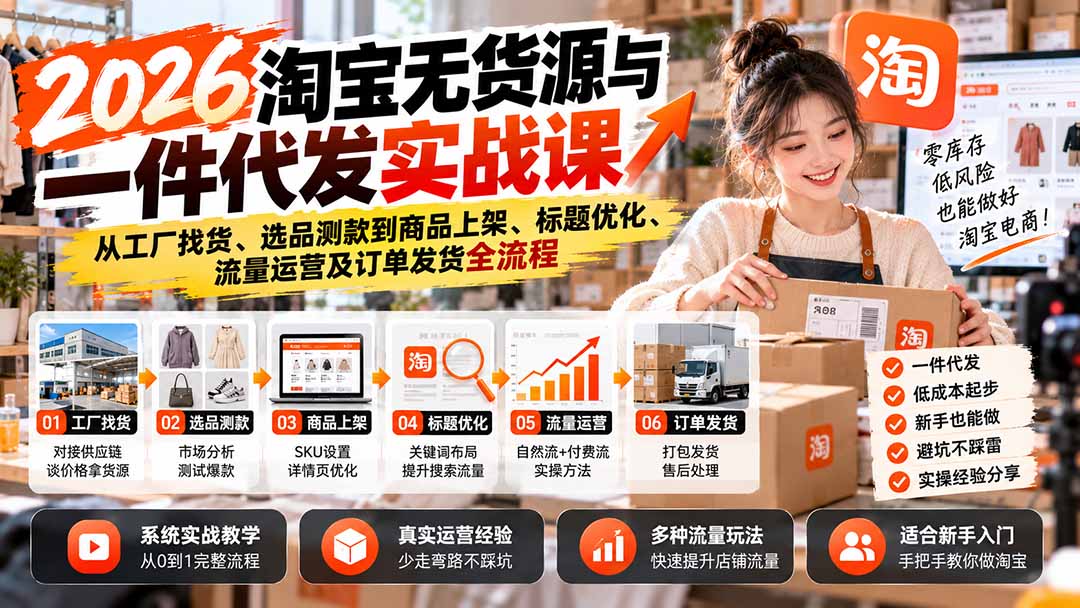 2026淘宝无货源与一件代发实战课:从工厂找货、选品测款到商品上架、标题优化、流量运营及订单发货全流程-91副业网