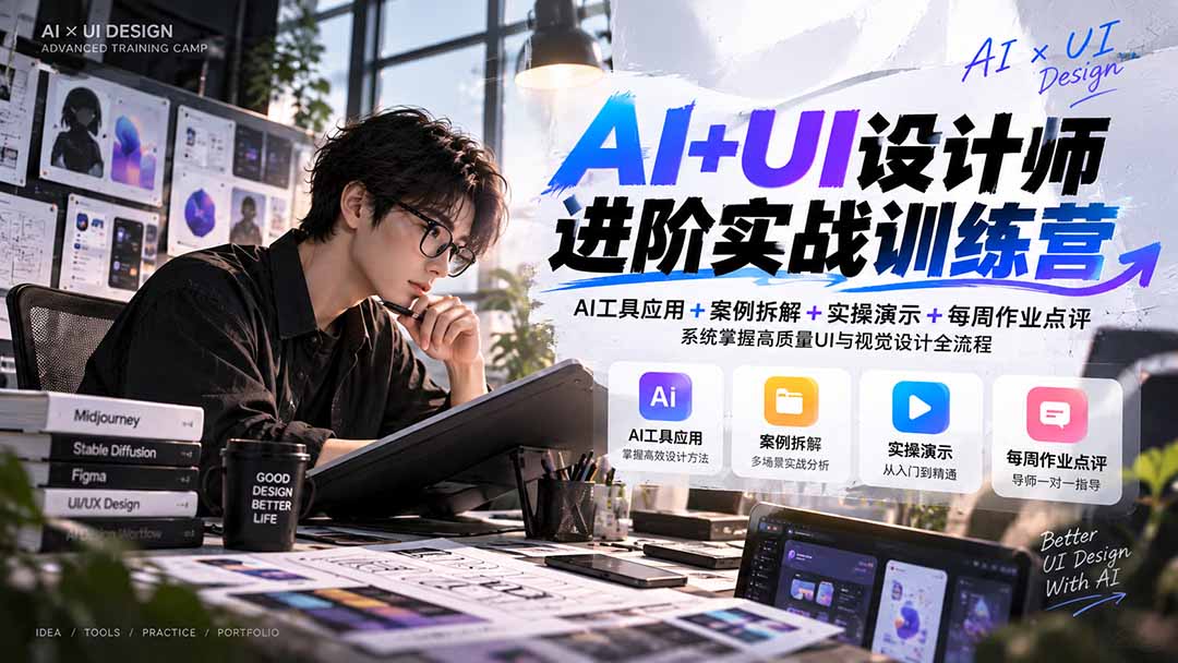 【无水印】AI+UI设计师进阶训练营-第4期：AI工具应用+案例拆解+实操演示+作业点评，掌握高质量UI与视觉设计全流程-91副业网