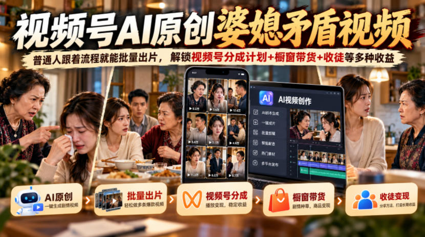 视频号ai原创婆媳矛盾视频，普通人跟着流程就能批量出片，解锁视频号分成计划+橱窗带货+收徒等多种收益-91副业网