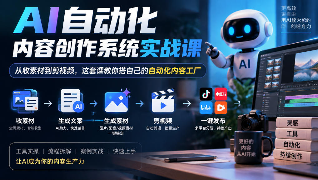 AI自动化内容创作系统实战课，从收素材到剪视频，这套课教你搭自己的自动化内容工厂-91副业网