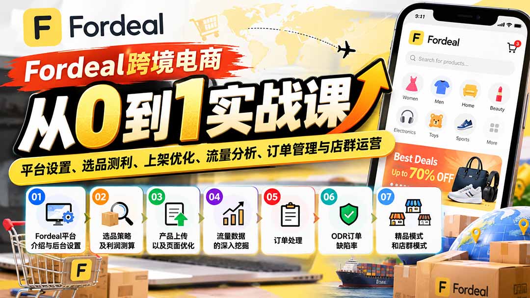 Fordeal跨境电商从0到1实战课：平台设置、选品测利、上架优化、流量分析、订单管理与店群运营-91副业网