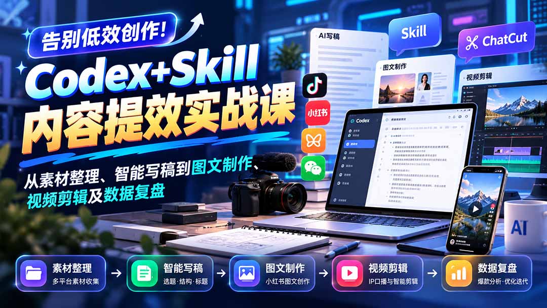 【无水印】告别低效创作！Codex+Skill内容提效实战课：从素材整理、智能写稿到图文制作、视频剪辑及数据复盘-91副业网