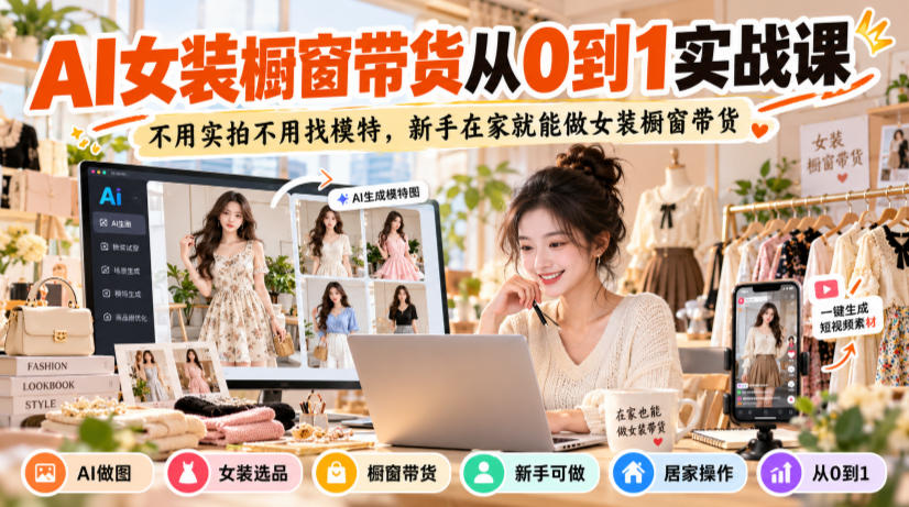 AI女装橱窗带货从0到1实战课，不用实拍不用找模特，新手在家就能做女装橱窗带货-91副业网