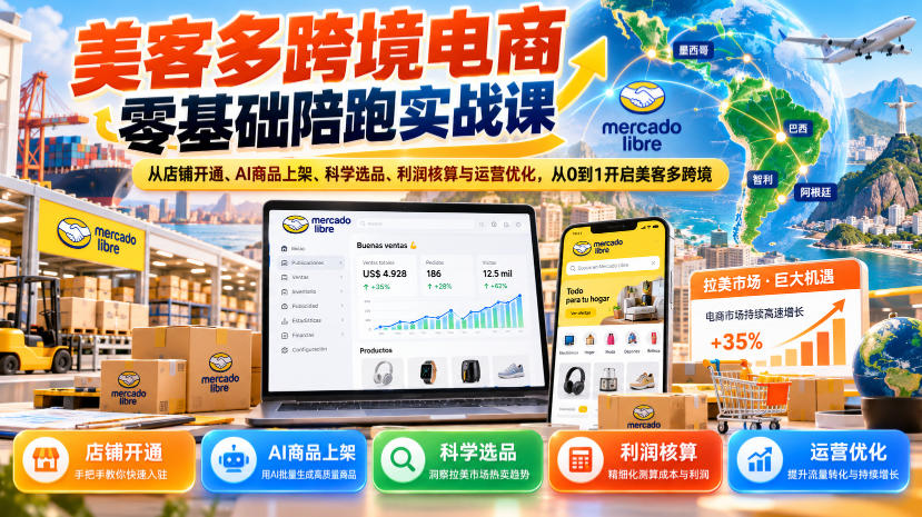 美客多跨境电商零基础陪跑实战课：从店铺开通、AI商品上架、科学选品、利润核算与运营优化，从0到1开启美客多跨境-91副业网