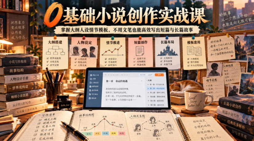 0基础小说创作实战课｜掌握大纲人设情节模板，不用文笔也能高效写出短篇与长篇故事-91副业网