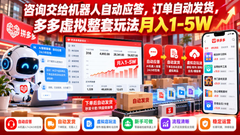 咨询交给机器人自动应答，订单自动发货，多多虚拟整套玩法月入1-5W【揭秘】-91副业网