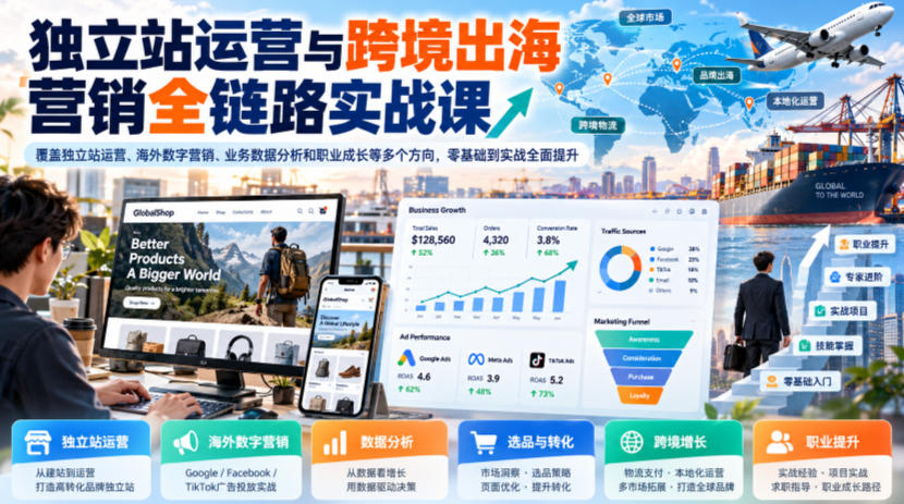 独立站运营与跨境出海营销全链路实战课，覆盖独立站运营、海外数字营销、业务数据分析和职业成长等多个方向，零基础到实战全面提升-91副业网