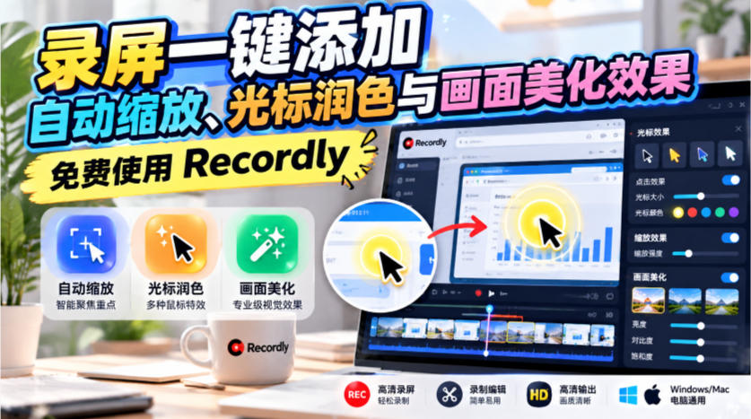 录屏一键添加自动缩放、光标润色与画面美化效果，免费使用Recordly-91副业网