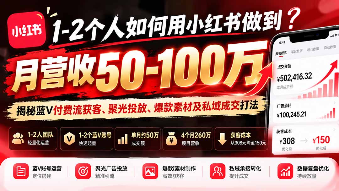 1-2个人如何用小红书做到月营收50-100万？揭秘蓝V付费流获客、聚光投放、爆款素材及私域成交打法-91副业网