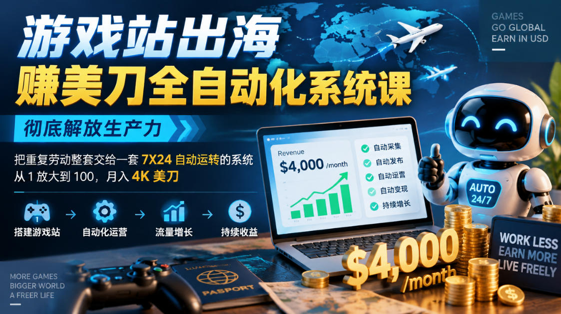 游戏站出海賺美刀全自动化系统课，彻底解放生产力--把重复劳动整套交给一套7X24自动运转的系统，从1放大到100，月入4K美刀-91副业网