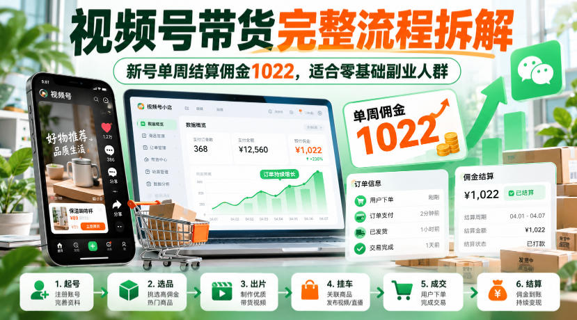 视频号带货完整流程拆解，新号单周结算佣金1022，适合零基础副业人群-91副业网