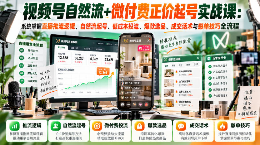 视频号自然流+微付费正价起号实战课：系统掌握直播推流逻辑、自然流起号、低成本投流、爆款选品、成交话术与憋单技巧全流程-91副业网