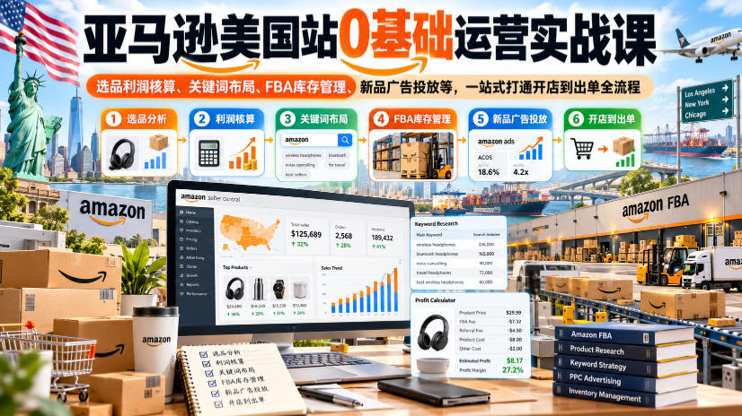 亚马逊美国站0基础运营实战课｜选品利润核算、关键词布局、FBA库存管理、新品广告投放等，一站式打通开店到出单全流程-91副业网