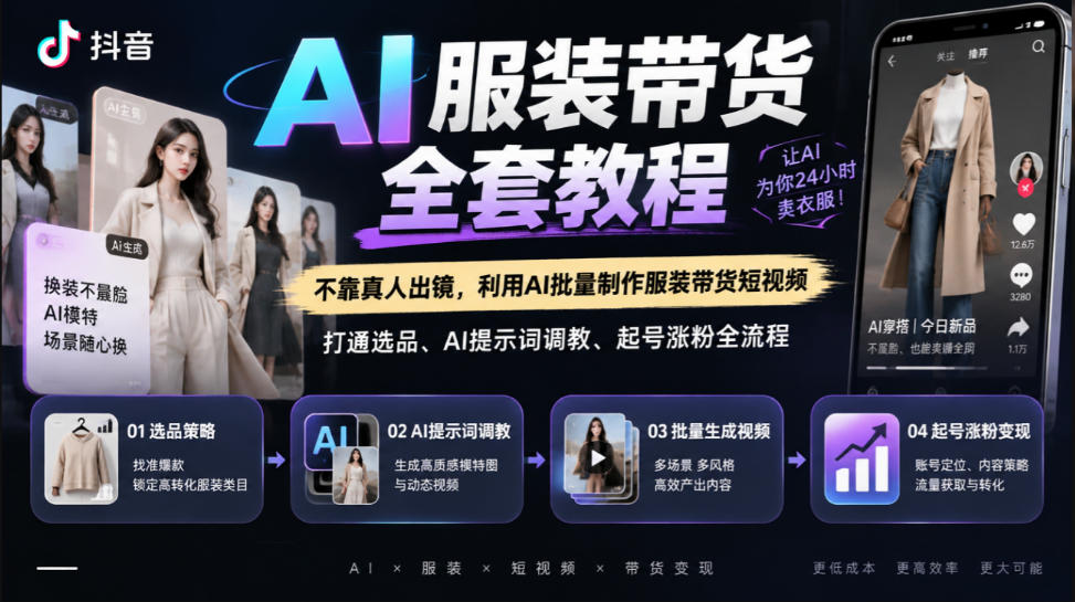 抖音AI服装带货全套教程，不靠真人出镜，利用AI批量制作服装带货短视频，打通选品、AI提示词调教、起号涨粉全流程-91副业网