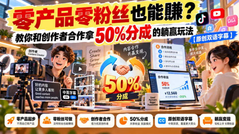 【无水印】零产品零粉丝也能賺？教你和创作者合作拿50%分成的躺赢玩法【原创双语字幕】-91副业网