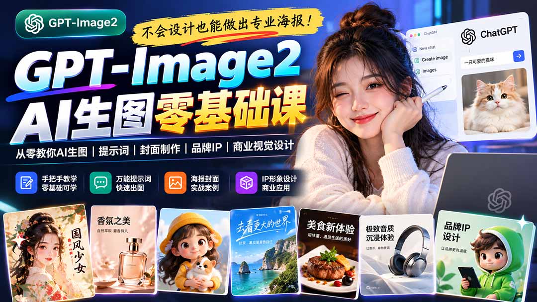不会设计也能做出专业海报!GPT-Image2从零教你AI生图、提示词、封面制作、品牌IP与商业视觉设计-91副业网