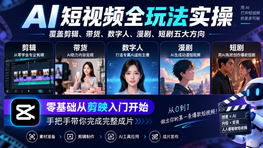 AI短视频全玩法实操,覆盖剪辑、带货、数字人、漫剧、短剧五大方向,零基础从剪映入门开始,手把手带你完成完整成片-91副业网
