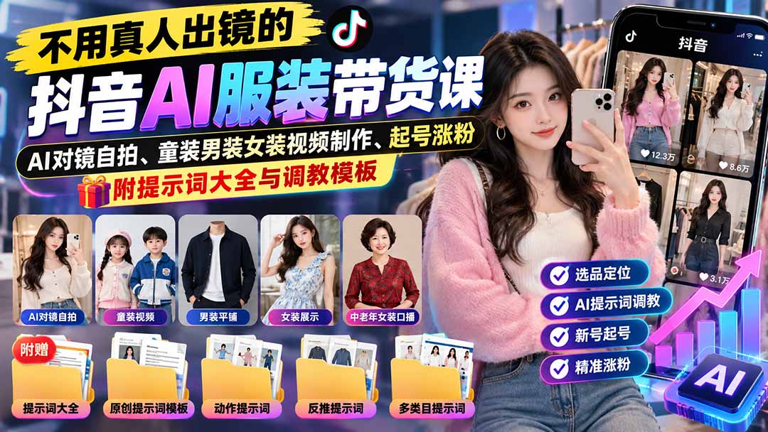 不用真人出镜的抖音AI服装带货课：AI对镜自拍、童装男装女装视频制作、起号涨粉，附提示词大全与调教模板-91副业网
