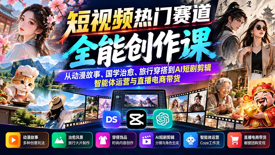 短视频热门赛道全能创作课：从动漫故事、国学治愈、旅行穿搭到AI短剧剪辑、智能体运营与直播电商带货-91副业网