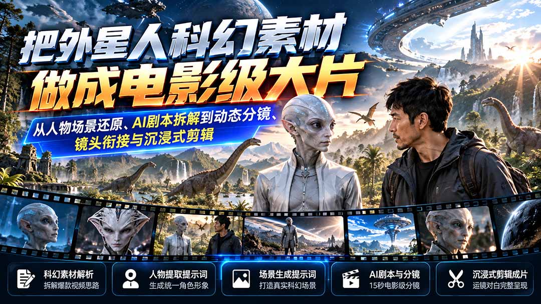 把外星人科幻素材做成电影级大片：从人物场景还原、AI剧本拆解到动态分镜、镜头衔接与沉浸式剪辑-91副业网