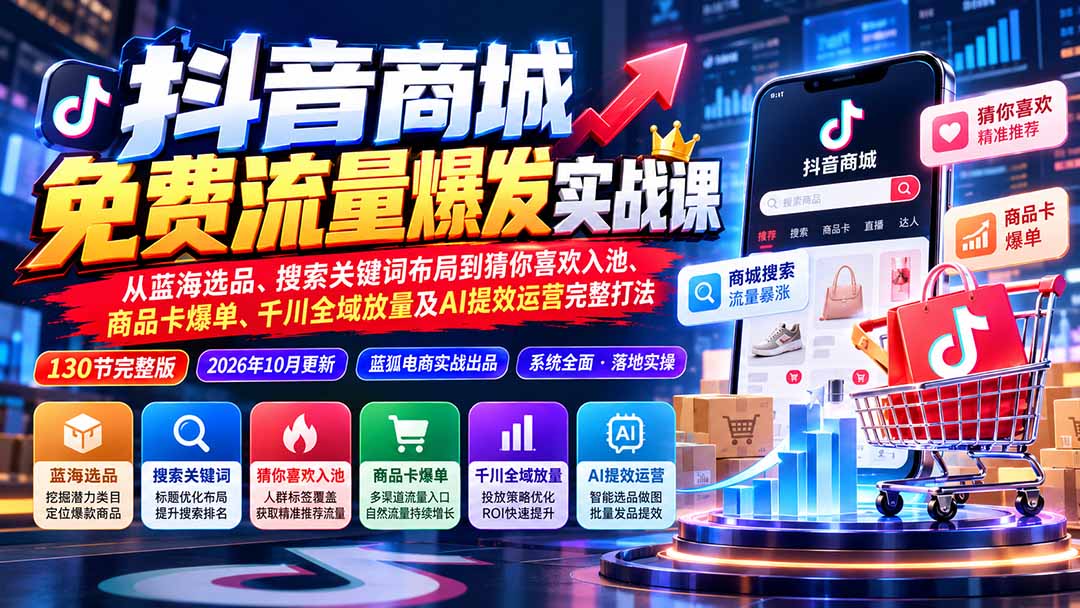 抖音商城免费流量爆发实战：从蓝海选品、搜索关键词布局到猜你喜欢入池、商品卡爆单、千川全域放量及AI提效完整打法-91副业网