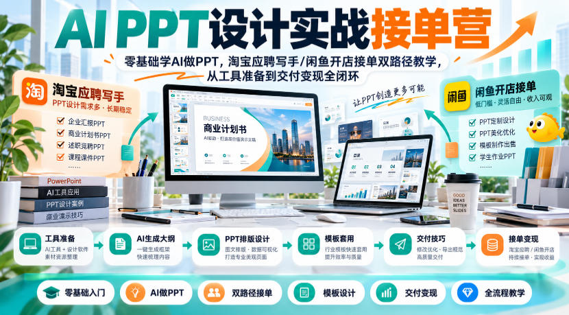 AI PPT设计实战接单营｜零基础学AI做PPT，淘宝应聘写手/闲鱼开店接单双路径教学，从工具准备到交付变现全闭环-91副业网