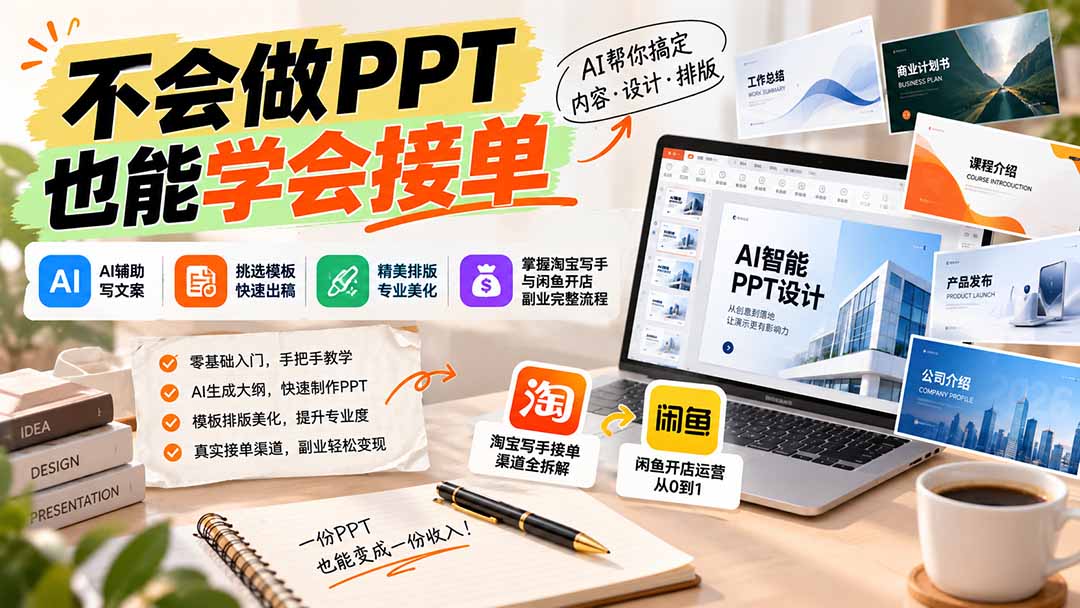 不会做PPT也能学会接单:AI辅助写文案、挑模板、做排版,掌握淘宝写手与闲鱼开店副业完整流程-91副业网