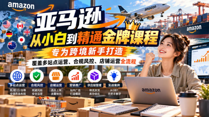 亚马逊从小白到精通金牌课程，专为跨境新手打造，覆盖多站点运营、合规风控、店铺运营全流程-91副业网